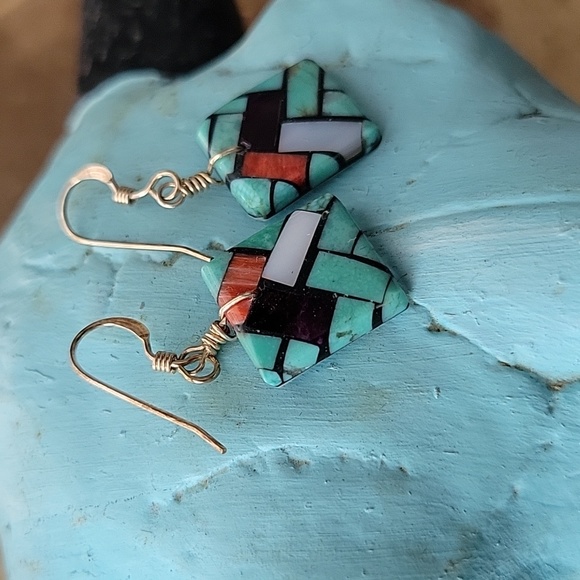 Santo Domingo Pueblo Inlaid Earrings Southwestern Boho Gift Western - Picture 3 of 6